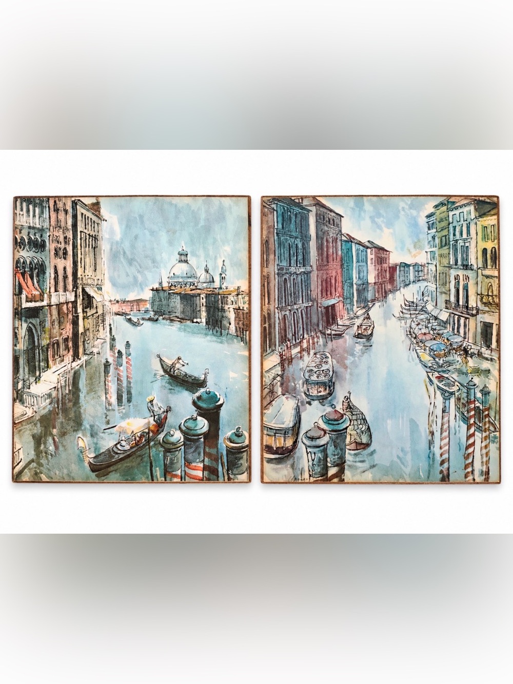 Vintage Venice Italy Canal Art Prints Pair Gondolas Hardboard Plaques one Signed